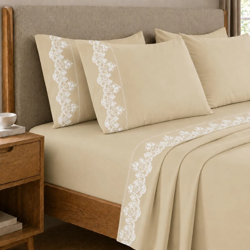 PETTI Artigiani Italiani - Percale Cotton Sheet Set with Beige Rebrodè Lace, 3-Piece Bedding Set, 100% Made in Italy