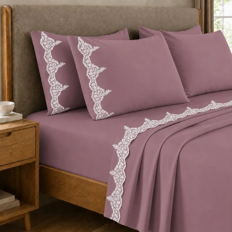 PETTI Artigiani Italiani - Chantilly Onion Cotton Percale Double Bed Sheet Set with Lace, 4-Piece Bed Set, 100% Made in Italy
