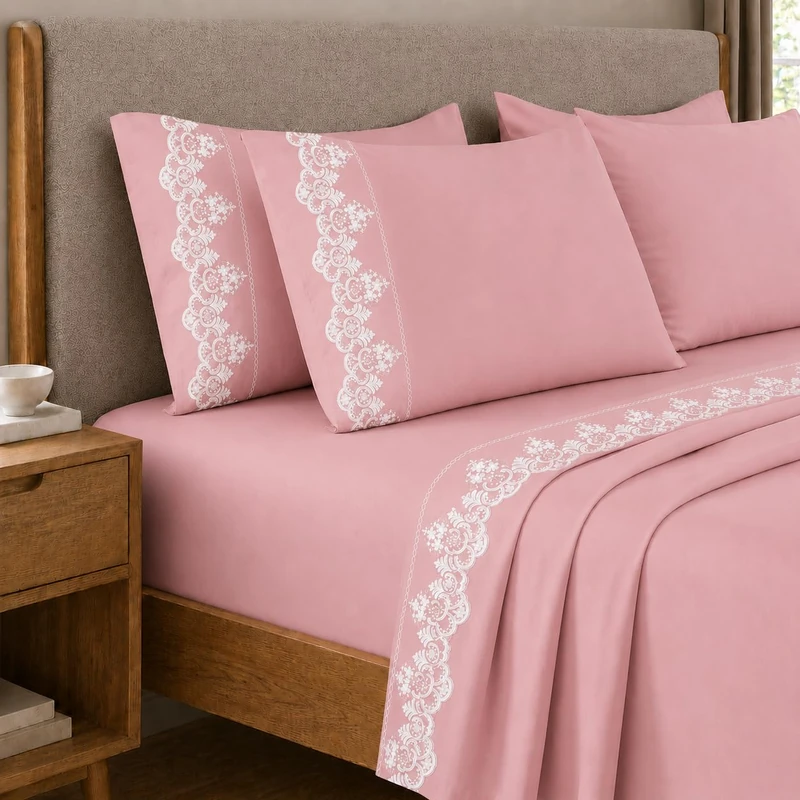 PETTI Artigiani Italiani - Cotton Percale Double Bed Sheet Set with Pink Rebrodè Lace, 3-Piece Bedding Set, 100% Made in Italy