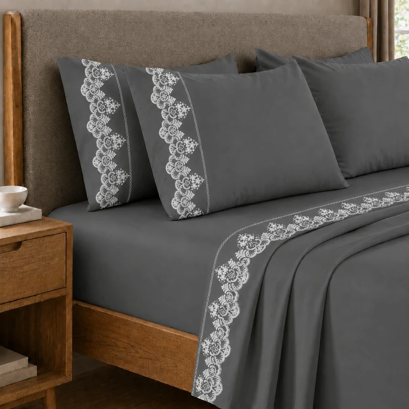 PETTI Artigiani Italiani - Percale Cotton Double Bed Sheet Set with Smoky Grey Rebrodè Lace, 4-Piece Bed Set, 100% Made in Italy