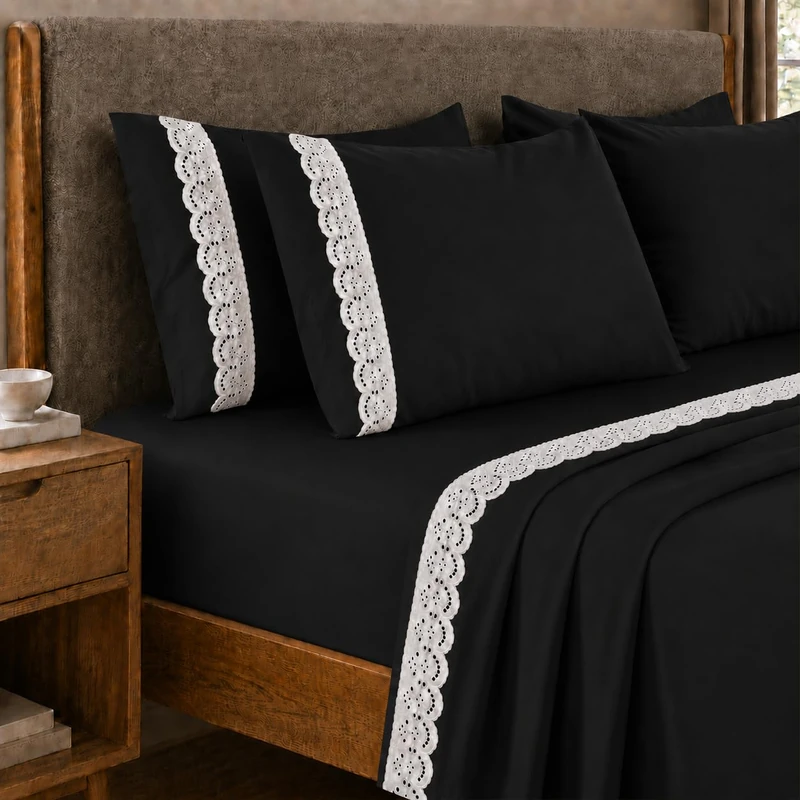 PETTI Artigiani Italiani - Single Percale Cotton Sheet Set with Black St. Gallen Lace, 3-Piece Bed Set, 100% Made in Italy - Image 1