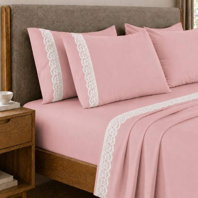 PETTI Artigiani Italiani - Single Percale Cotton Sheet Set with Lace St. Gallen Powder, 3-Piece Bedding Set, 100% Made in Italy - Image 1