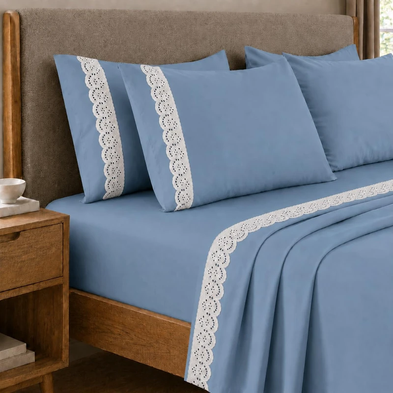 PETTI Artigiani Italiani - Percalle Cotton Double Bed Sheet Set with Light Blue St. Gallen Lace, 4-Piece Bed Set, 100% Made in Italy
