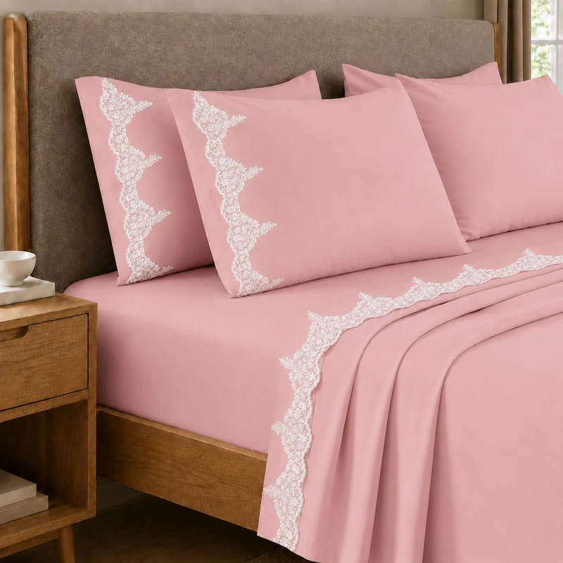 PETTI Artigiani Italiani - Cotton Percale Double Bed Sheet Set with Pink Chantilly Lace, 3-Piece Bedding Set, 100% Made in Italy