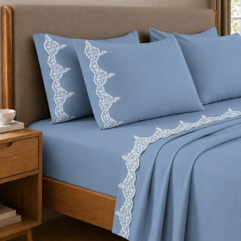 PETTI Artigiani Italiani - Chantilly Light Blue Percale Cotton Bedding Set with Lace, 4-Piece Bed Set, 100% Made in Italy