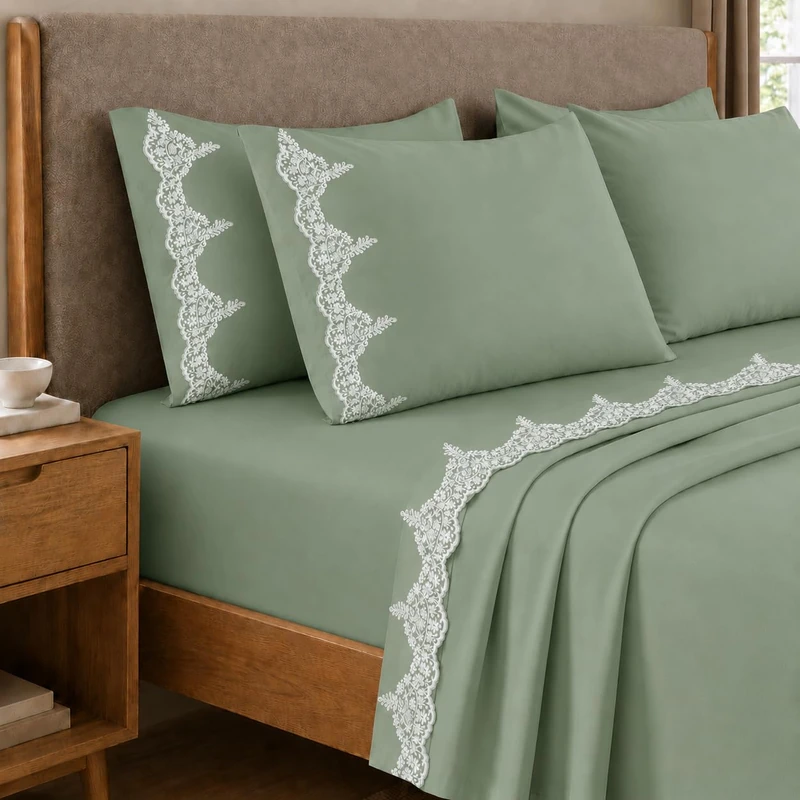 PETTI Artigiani Italiani - Cotton Percale Bed Sheet Set with Chantilly Sage Lace 3 Piece Bedding Set, 100% Made in Italy