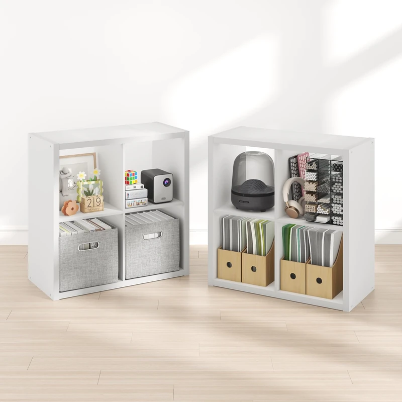 Furinno CUBICLE Book Shelf Set of 2, 4-Cube Bookself, Thick Frame Bookcase with Reversible Open Back, 37.1 x 76.2 x 76.2 cm, for Living Room, Bedroom, Home Office, White
