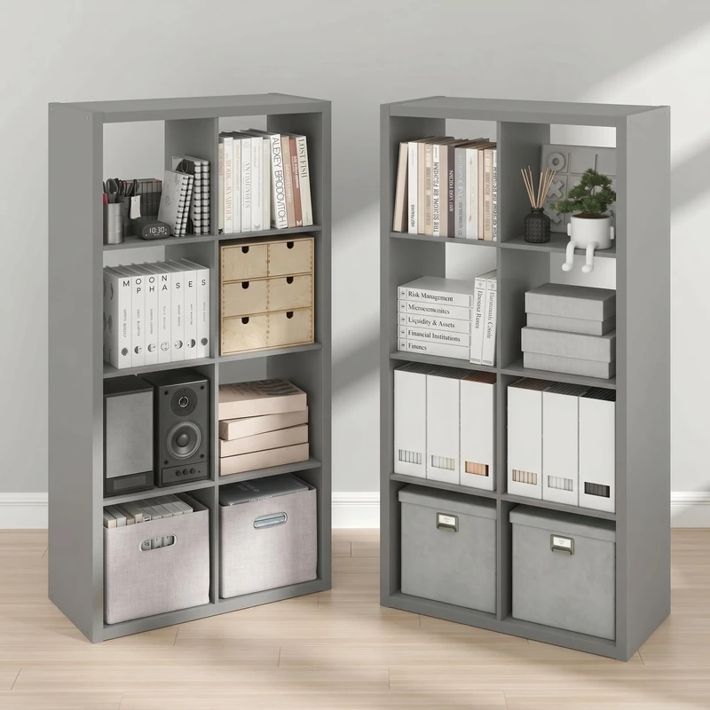 Furinno CUBICLE Set of 2, 8-Cube Thick Frame Bookshelf, Horizontally & Vertically Reversible Bookcase with Open Back, 37.1 x 76.2 x 147.1 cm, for Living Room, Bedroom, Home Office, Light Grey