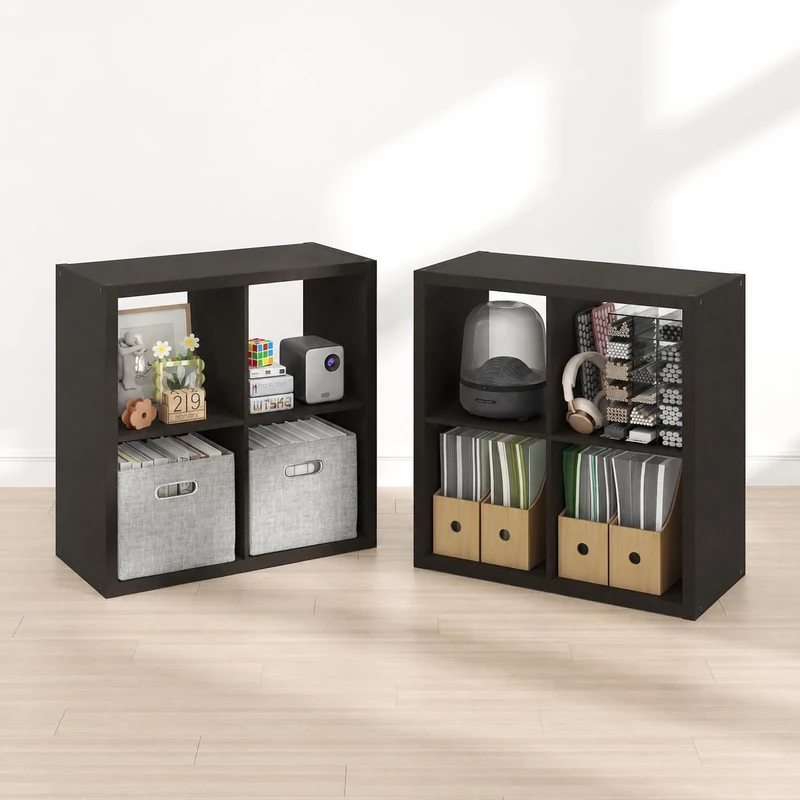 Furinno CUBICLE Book Shelf Set of 2, 4-Cube Bookself, Thick Frame Bookcase with Reversible Open Back, 37.1 x 76.2 x 76.2 cm, for Living Room, Bedroom, Home Office, Black Dark Oak
