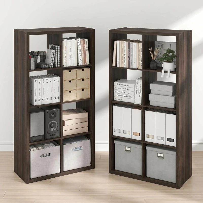 Furinno CUBICLE Set of 2, 8-Cube Thick Frame Bookshelf, Horizontally & Vertically Reversible Bookcase with Open Back, 37.1 x 76.2 x 147.1 cm, for Living Room, Bedroom, Home Office, Black Dark Oak