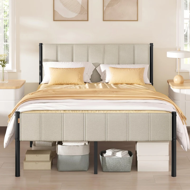 VASAGLE Double Bed Frame, 135 x 190 cm, with Upholstered Headboard, Metal Bed Frame, 500 kg Weight Capacity, Easy Assembly, Cappuccino Beige RMB976LH01V1