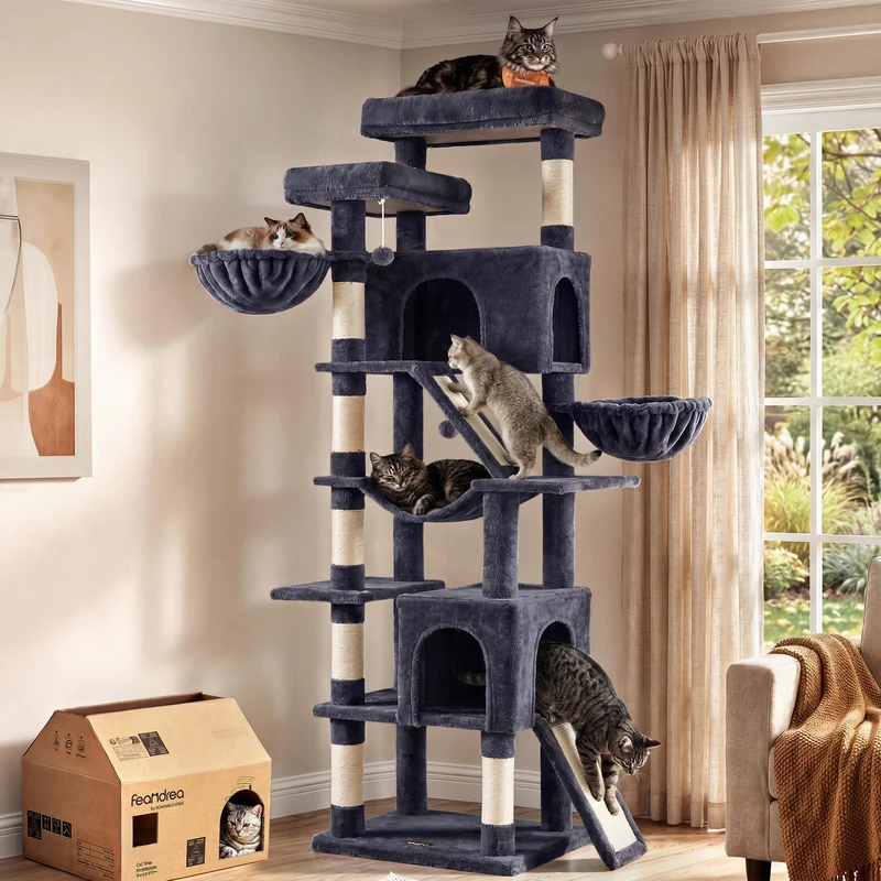 Feandrea Cat Tree, Sturdy Multi-Level Tower with Sisal Scratching Posts and Boards, 55 x 45 x 205 cm, Dark Grey Activity Centre for Large Cats, Clawfy Collection PCT021G201 - Image 1