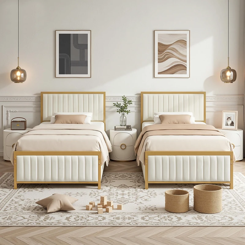 VECELO Single Size Bed Frame Set of 2 with Linen Fabric Headboard and Footboard, Heavy-Duty Platform with Strong Steel Slats, No Box Spring Needed, Easy Assembly, Beige - Image 1