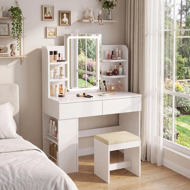 JUMMICO Dressing Table with Stool,3 Color LED Mirror,Adjustable Brightness