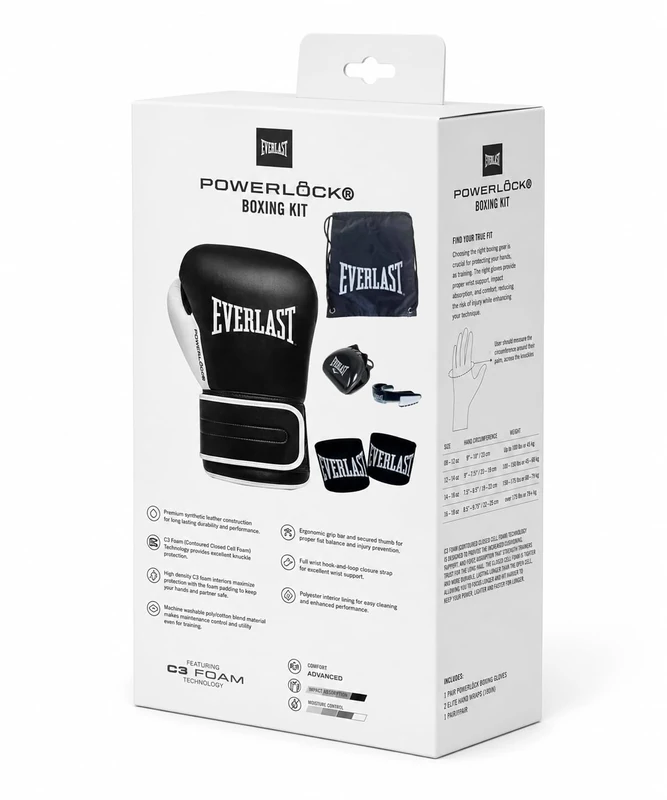 Everlast Powerlock OG Starter Kit (14oz) Black Boxing Gloves for Bags, 120cm Hand Wraps Mouth Guard & Bag, For Mitt Work, Sparring, MMA & Kickboxing, Hook-And-Loop System - Authentic Everlast Gear