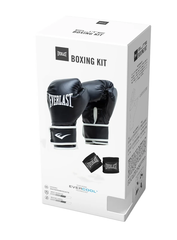 Everlast Core Training Kit (S/M) Core Faux Leather Black Boxing Gloves for Bags & 305cm Hand Wraps, Ideal for Mitt Work, Sparring, MMA & Kickboxing, Hook-And-Loop System - Authentic Everlast Gear