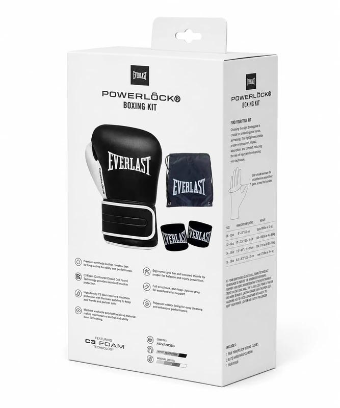 Everlast Powerlock OG Training Kit (16oz) Powerlock Black Boxing Gloves for Bags & 120cm Hand Wraps, For Advanced Mitt Work, Sparring, MMA & Kickboxing, Hook-And-Loop System - Authentic Everlast Gear