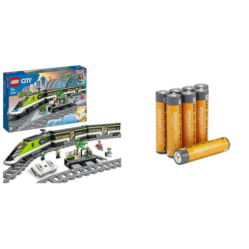 LEGO City Express Passenger Train Set - incl. a Remote Controlled Train Toy with Working Headlights, 2 Coaches, 24 Track Pieces & 6 Minifigures + Amazon basics pack of 8 AAA