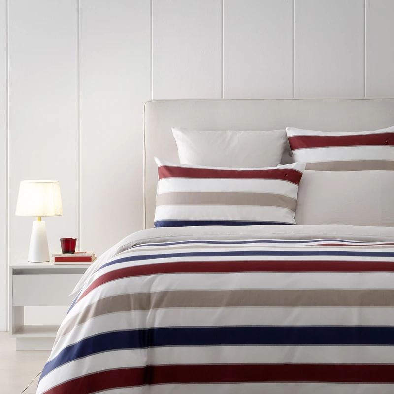 Tommy Hilfiger - Burgundy Satin Duvet Cover 83 Thread Count/cm² 100% Cotton Stripe Pattern Soft and Bright 240 x 220 cm
