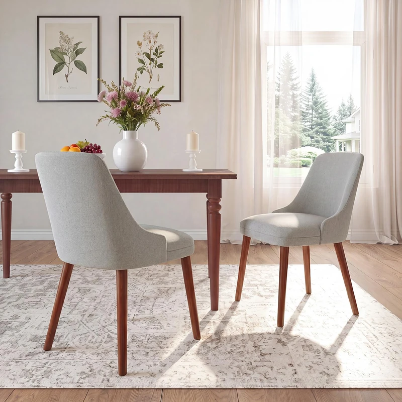 Dining Chairs Set of 2, Upholstered Dining Room Chairs with Ergonomic High Back, Thick Padded Seat, Skin-Friendly Fabric, Solid Wood Frame Kitchen Chairs for Dining Room, Living Room, Light Grey