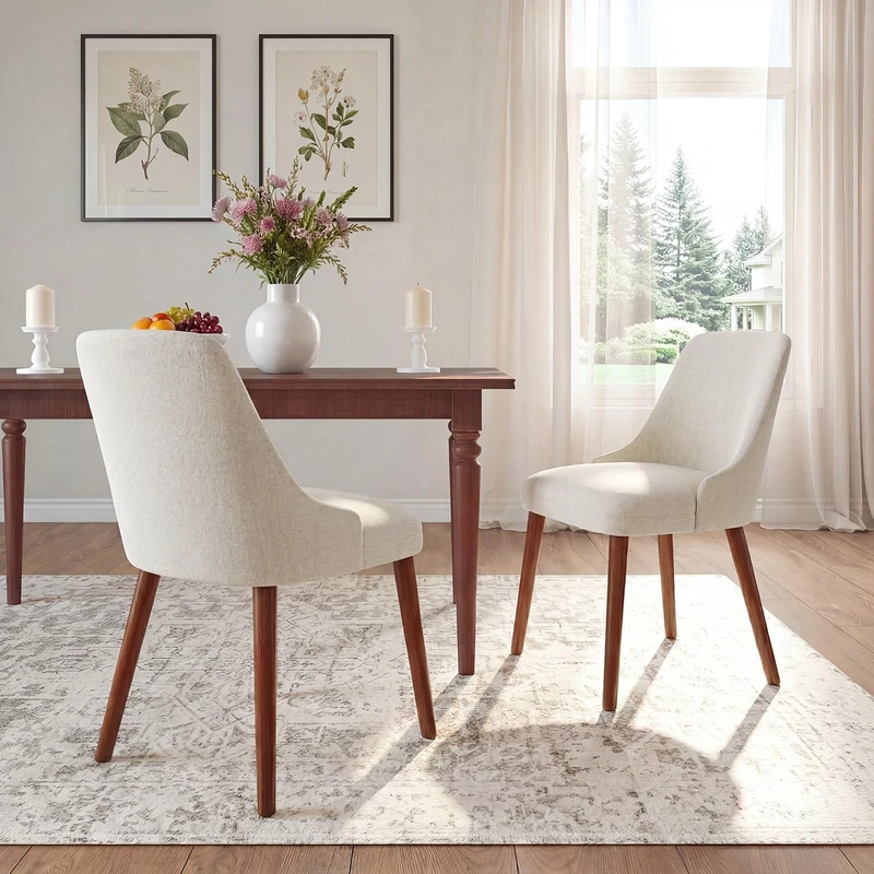 Dining Chairs Set of 2, Upholstered Dining Room Chairs with Ergonomic High Back, Thick Padded Seat, Skin-Friendly Fabric, Solid Wood Frame Kitchen Chairs for Dining Room, Kitchen, Living Room, Beige