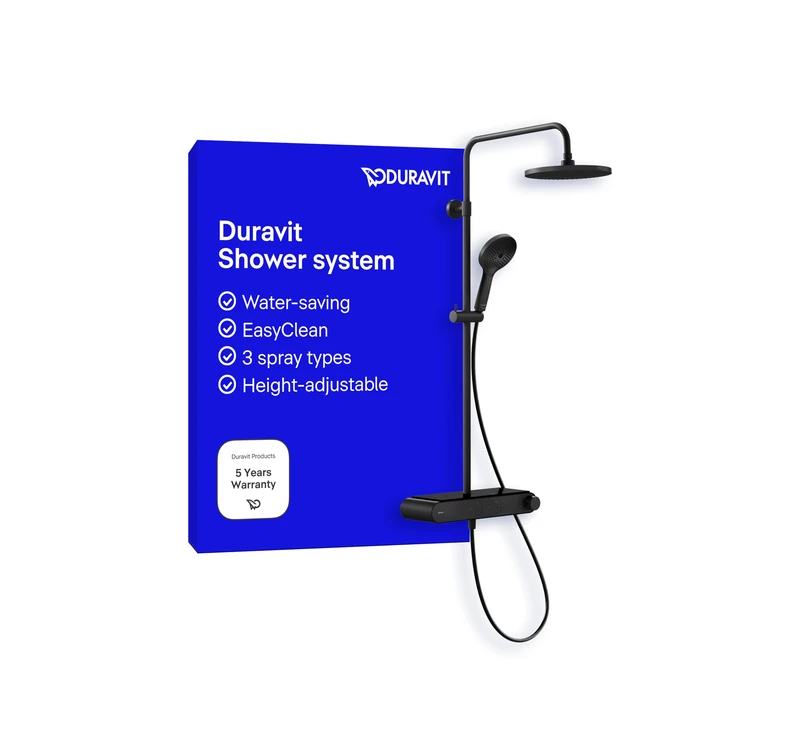 Duravit Shower System, with 3 Spray Modes (Rain, Pulse, Mono), Adjustable-Angle Overhead Shower Head, Easy-to-Clean Shower Set, Shower System with Thermostat, matt Black