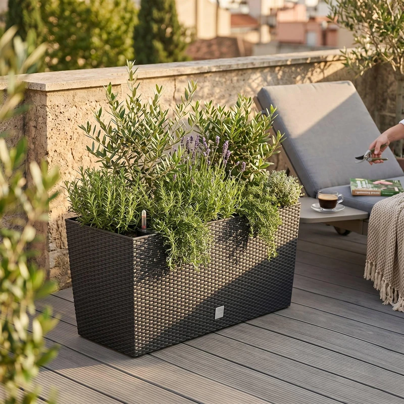 Planter for Flowers, Large Outdoor/Indoor Planter, Plastic Braided Rattan Effect, for Terrace, Garden or Living Room, UV Resistant, 32 x (80 x 33) cm, Anthracite
