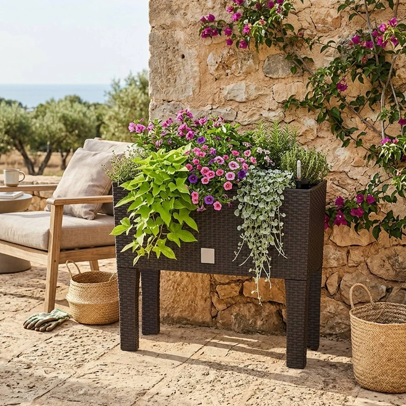 Planter for Flowers, Tall Planter with Legs, Large Outdoor/Indoor Planter, Plastic Braided Rattan Effect, for Terrace, Garden or Living Room, UV Resistant, 46 x (60 x 25) cm, Ochre Colour - Image 1