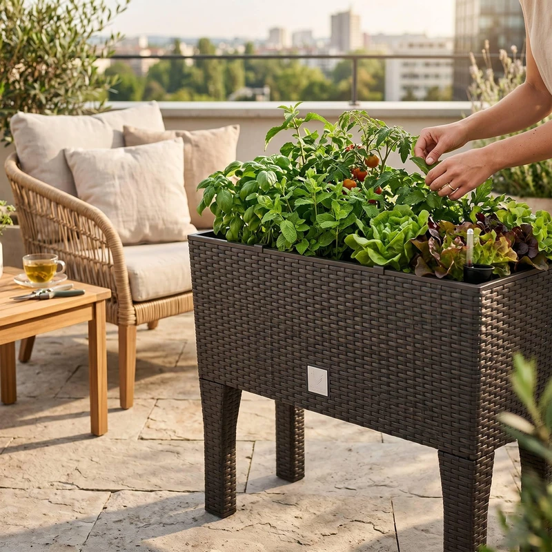 Planter for Flowers, Tall Planter with Legs, Large Outdoor/Indoor Planter, Plastic Braided Rattan Effect, for Terrace, Garden or Living Room, UV Resistant, 65 x (80 x 33) cm, Ochre Colour - Image 1