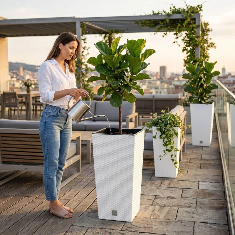 Tall Flower Pots with Inner Bucket, Large Outdoor/Indoor Planter, Plastic Rattan Effect, for Terrace, Garden or Living Room, UV Resistant, 61 x (32.5 x 32.5) cm, White