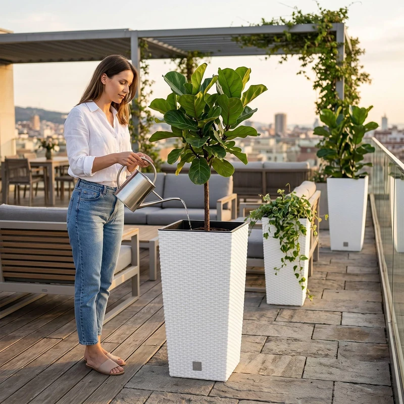 Tall Flower Pots with Inner Bucket, Large Outdoor/Indoor Planter, Plastic Rattan Effect, for Terrace, Garden or Living Room, UV Resistant, 55 x (28.7 x 28.7) cm, White