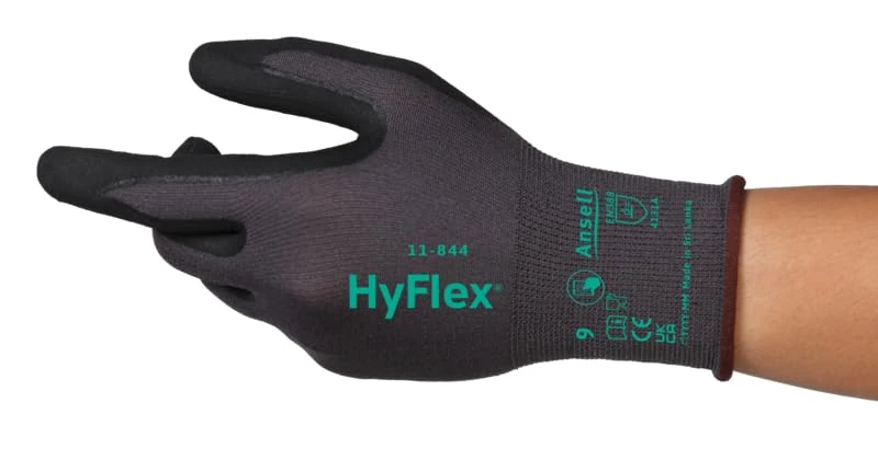 Ansell HyFlex 11-844, Professional Work Gloves, Abrasion Resistant Nitrile Coating with Firm Grip, Multipurpose Nitrile Gloves, Industrial Safety Gloves, Black Nitrile Gloves Large, 12 Pairs