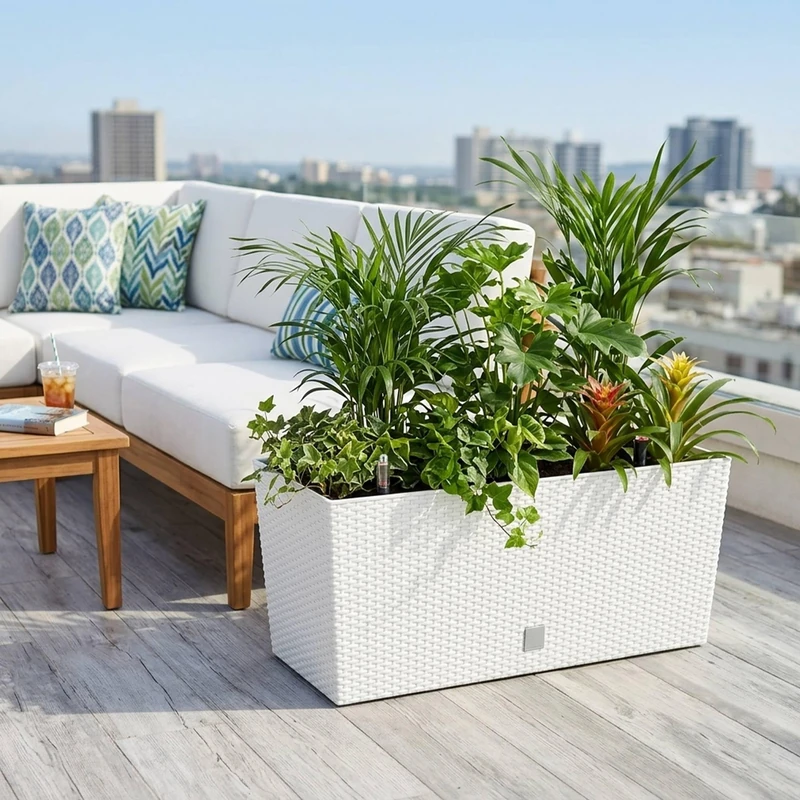 Planter for Flowers, Large Outdoor/Indoor Planter, Plastic Braided Rattan Effect, for Terrace, Garden or Living Room, UV Resistant, 32 x (80 x 33 cm) White - Image 1
