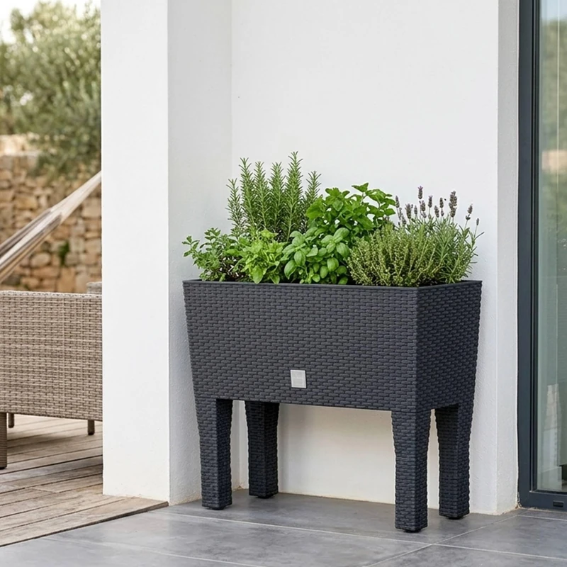 Flower Box Tall Planter with Legs, Large Outdoor/Indoor Planter, Plastic Braided Rattan Effect for Terrace, Garden or Living Room, UV Resistant, 65 x (80 x 33) cm, Anthracite - Image 1