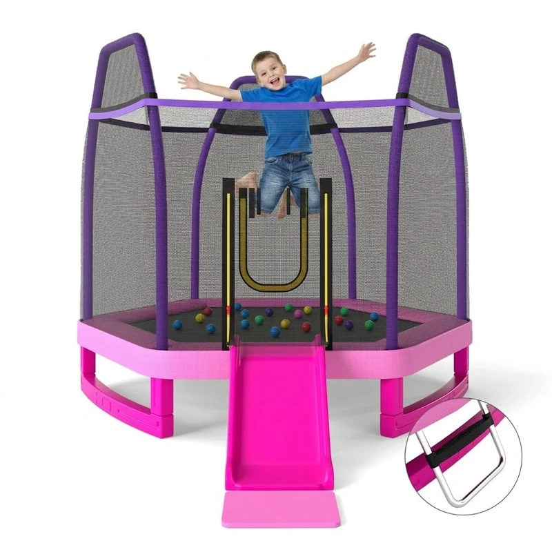 SPOTRAVEL 7FT Kids Trampoline, 3-in-1 Fitness Trampoline Set (Pink)