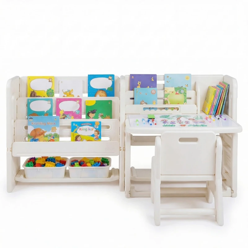 GYMAX Kids Desk and Chair Set, Children Study Table with Bookshelves