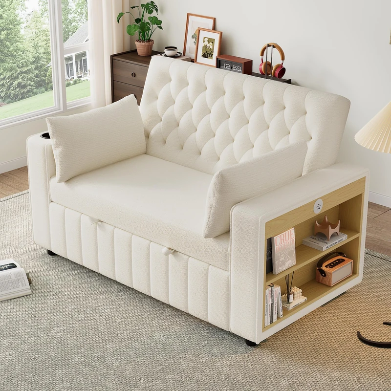 Ball & Cast Modern 3‑in‑1 Folding Sofa Bed with Storage, Pull‑Out Chenille Sleeper, Cup Holders, USB Charging Port & Cushions, Convertible Double Sofa for Living Room, Bedroom, Guest Room, Beige