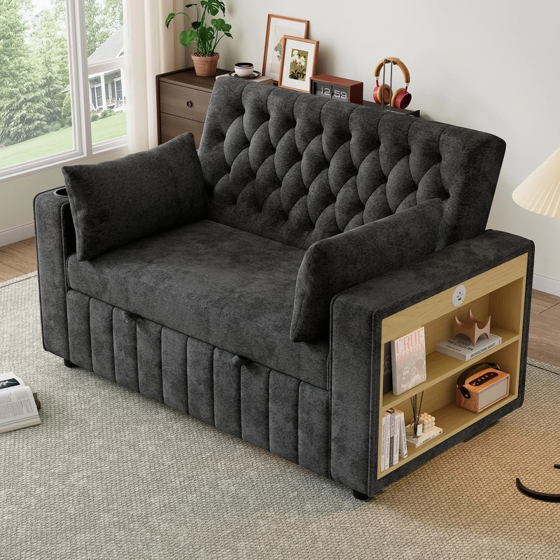 Ball & Cast Modern 3‑in‑1 Folding Sofa Bed with Storage, Pull‑Out Chenille Sleeper, Cup Holders, USB Charging Port & Cushions, Convertible Double Sofa for Living Room, Bedroom, Guest Room, Grey