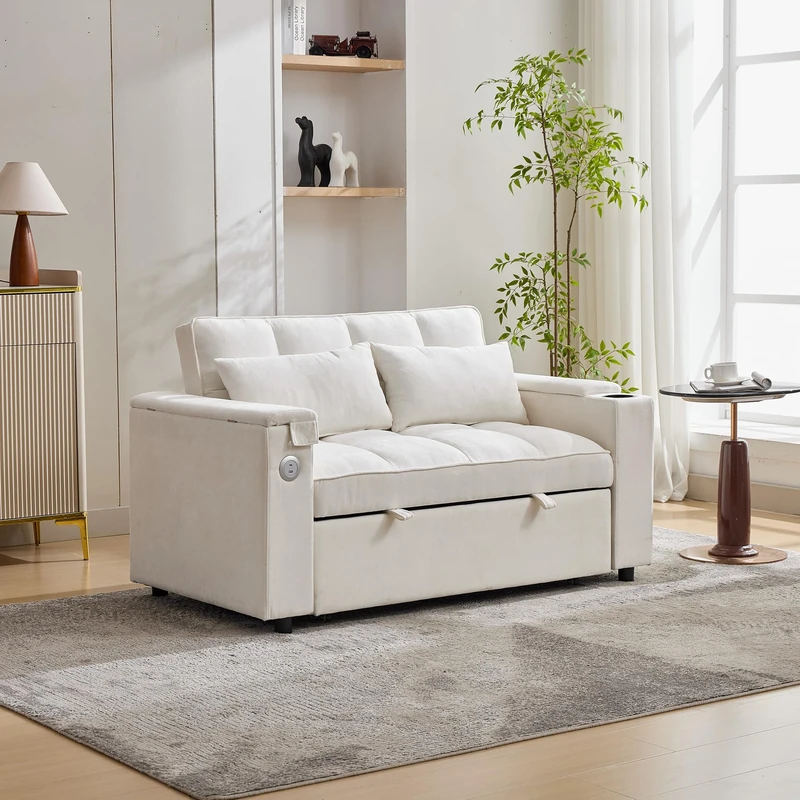 Ball & Cast 2 Seater Pull Out Sofa Bed, Double Recliner Sofa with Cup Holder and Hidden Table, Daybed with USB&Type-C, 3-Gear Back Angle Adjustable, Suitable for Apartment, Living Room, Bedroom, Beige