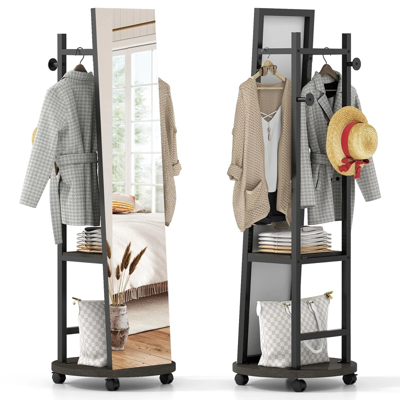 RELAX4LIFE Full Length Mirror with Coat Rack (Black + Walnut)