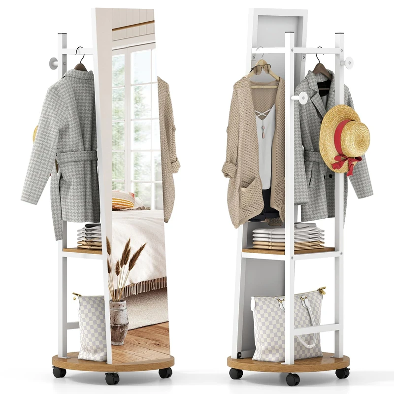RELAX4LIFE Full Length Mirror with Coat Rack (White + Natural)