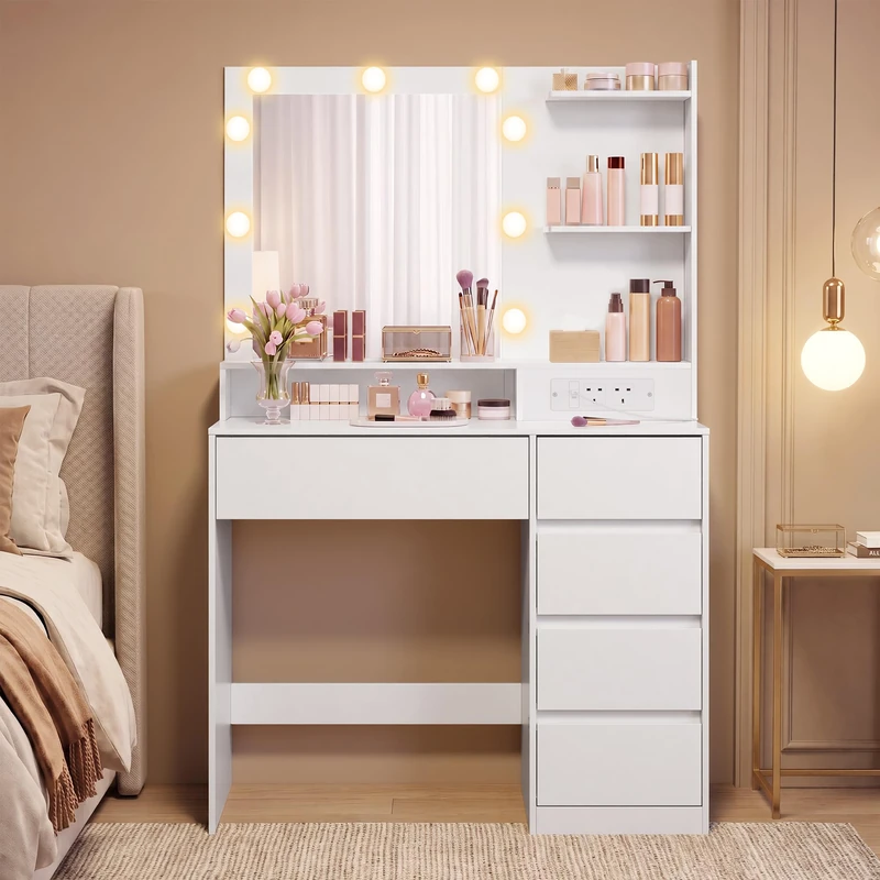 VASAGLE Dressing Table with Lighted Mirror, Makeup Desk with Charging Station, 3 Colour Lighting Modes, 5 Drawers, 80 x 40 x 144.3 cm, for Bedroom, Cloud White, KAILYN Collection RDT241WB02 - Image 1