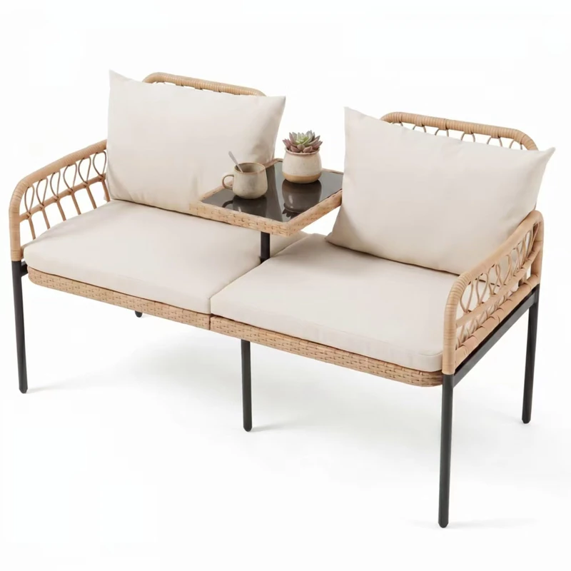 RELAX4LIFE 2-Seater Rattan Loveseat Chair with Glass Table