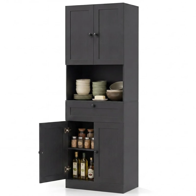 GiantexUK Tall Kitchen Cupboard, 171.5cm Freestanding Pantry Cabinet with 4 Doors, Adjustable Shelves & 1 Drawer, Wooden Storage Cabinet for Kitchen Dining Living Room (Black)