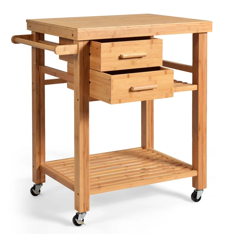 GiantexUK Kitchen Island Cart on Wheels, Rolling Bamboo Kitchen Trolley