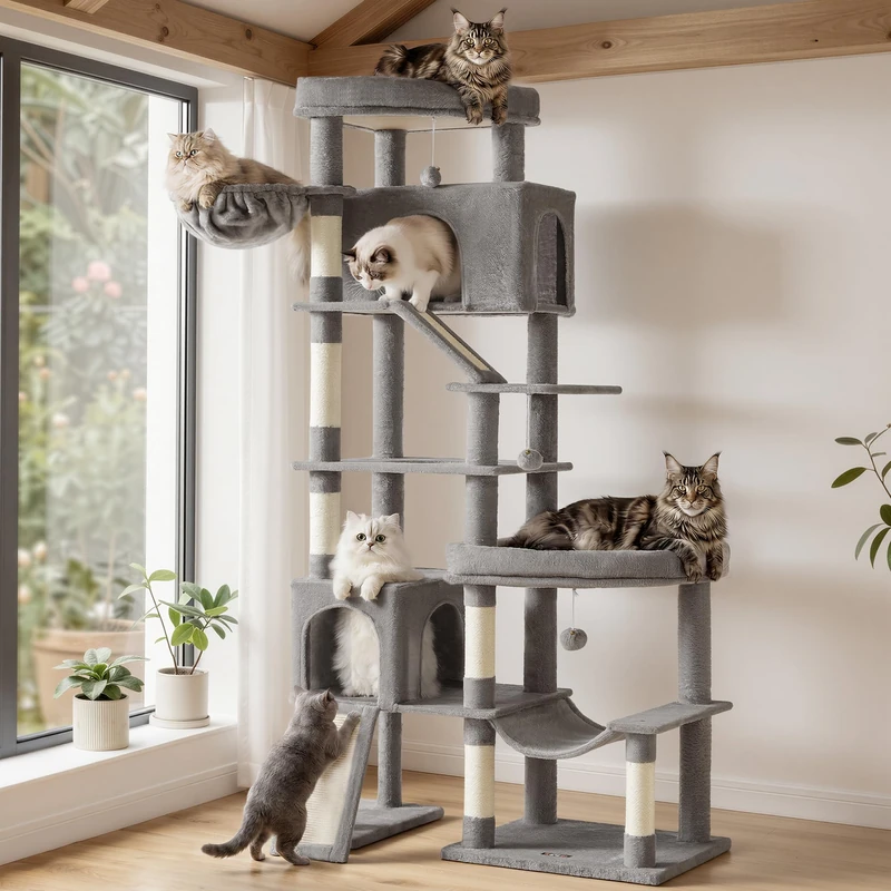 Feandrea Cat Tree, Multi-level Tall Cat Tower for Large Cats, 105 x 45 x 202 cm, 6 Rest Areas, Sisal Scratching Posts and Board, Double Baseboard, Light Grey, Clawfy Collection PCT020G101
