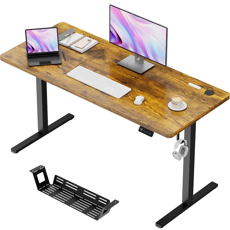 JUMMICO Electric Height Adjustable Desk 140 x 60 cm, Height Adjustable Desk with 2 Memory Function, Sit-Stand Office Desk, Computer Desk with Cable Management Box, Rustic Brown