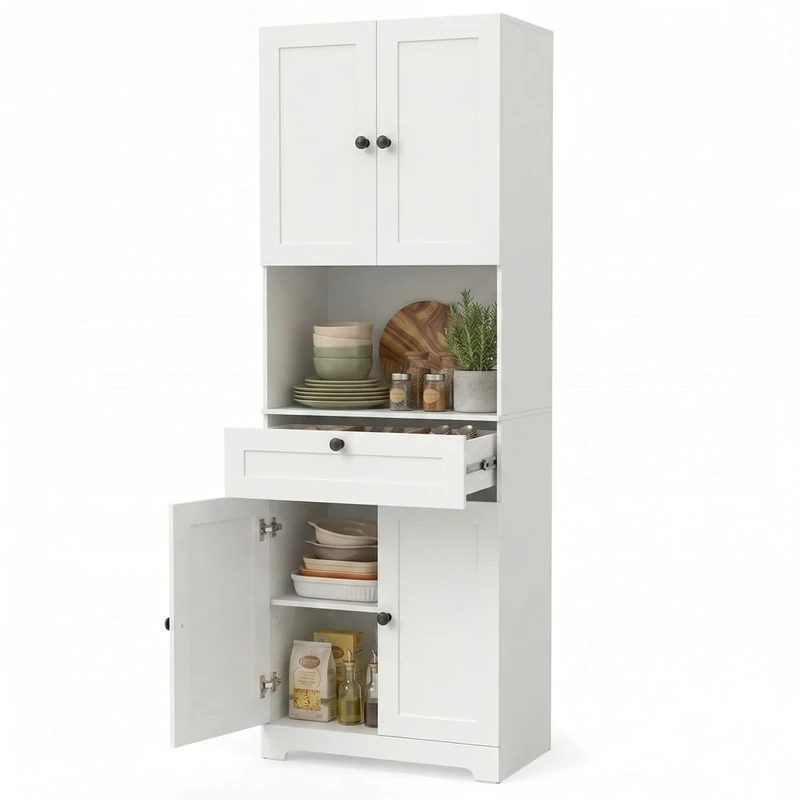 GiantexUK Tall Kitchen Cupboard, 171.5cm Freestanding Pantry Cabinet with 4 Doors, Adjustable Shelves & 1 Drawer, Wooden Storage Cabinet for Kitchen Dining Living Room (White)
