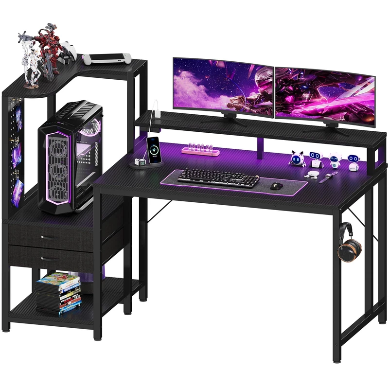 JUMMICO 140×70cm Gaming Desk with Pegboard & Built-in Power Outlet, Computer Desk with RGB LED Lights, 2 Fabric Drawers, Monitor Stand, & Headphone Hook, Carbon Fiber Black - Image 1