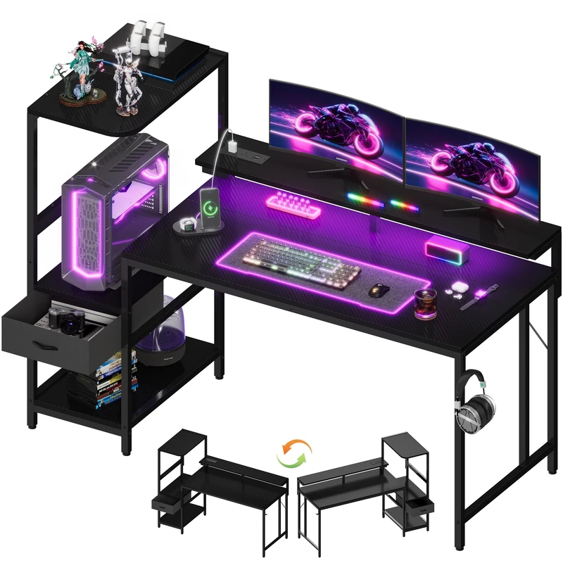 JUMMICO 140×60cm Gaming Desk with Power Outlet & LED Lights, Reversible L-Shaped Computer Desk with Monitor Stand, Storage Drawer & Shelves, Headphone Hook, Gaming Table Carbon Fiber Black - Image 1